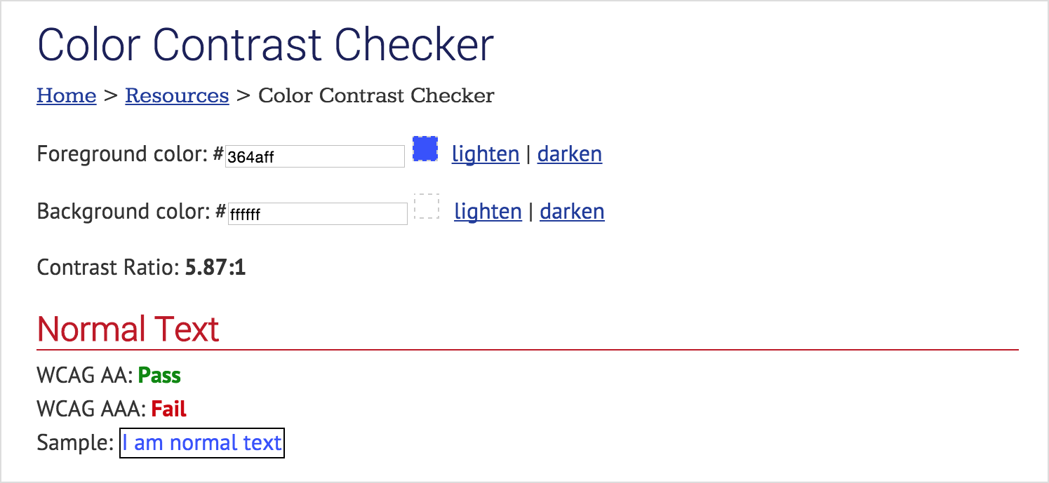 Screenshot of a color contrast check using WebAIM checker for a colour combination that meets Level AA for normal text.