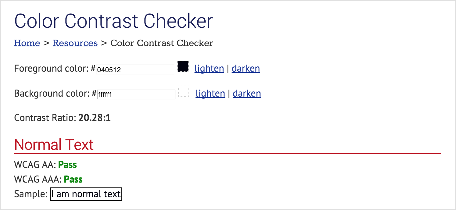 Screenshot of a color contrast check using WebAIM checker for a colour combination that meets Level AAA for normal text.