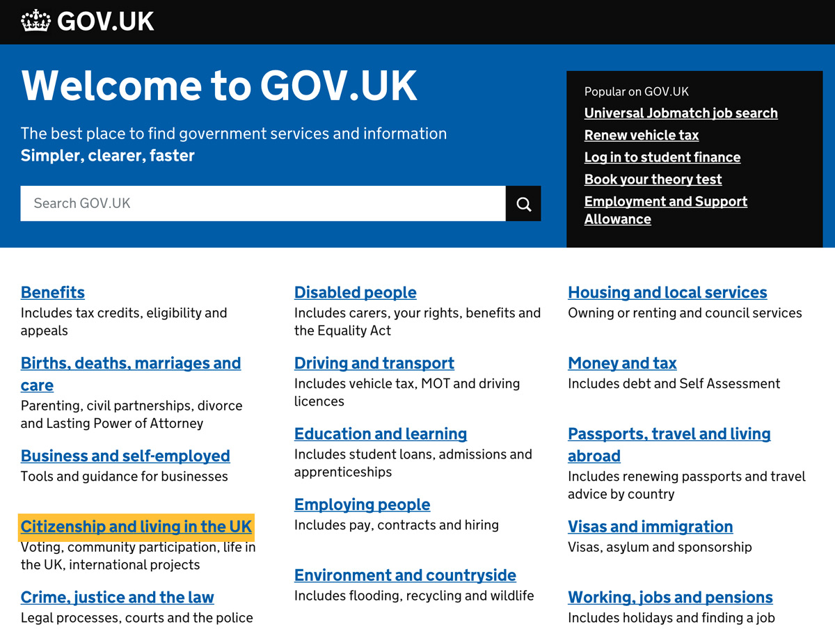 Screenshot of the Gov.uk website homepage showcasing their customized focus state - a yellow highlight over the link that has programmatic focus.