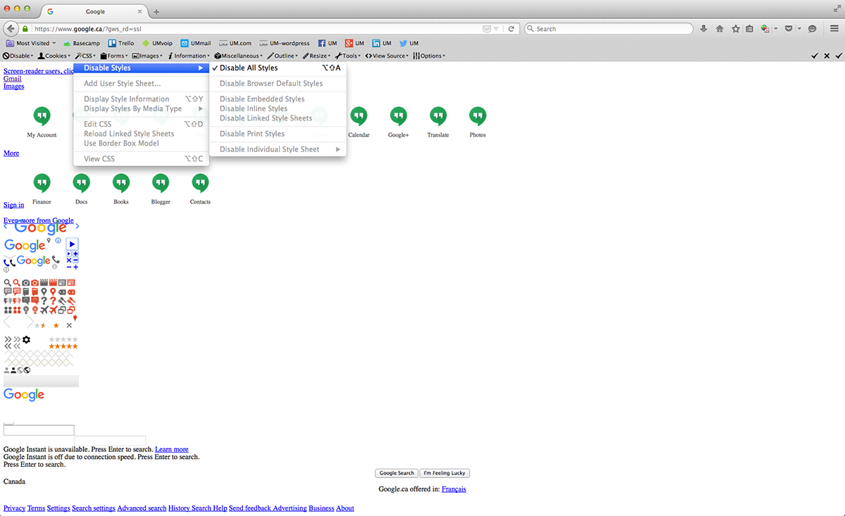 Screenshot of Firefox Web Developer Extension used to disable CSS on a web page.