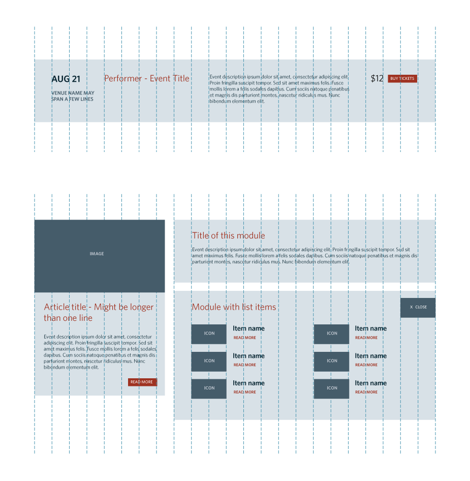 Wireframe showing how an 18-column grid is used to organize the information and align elements.