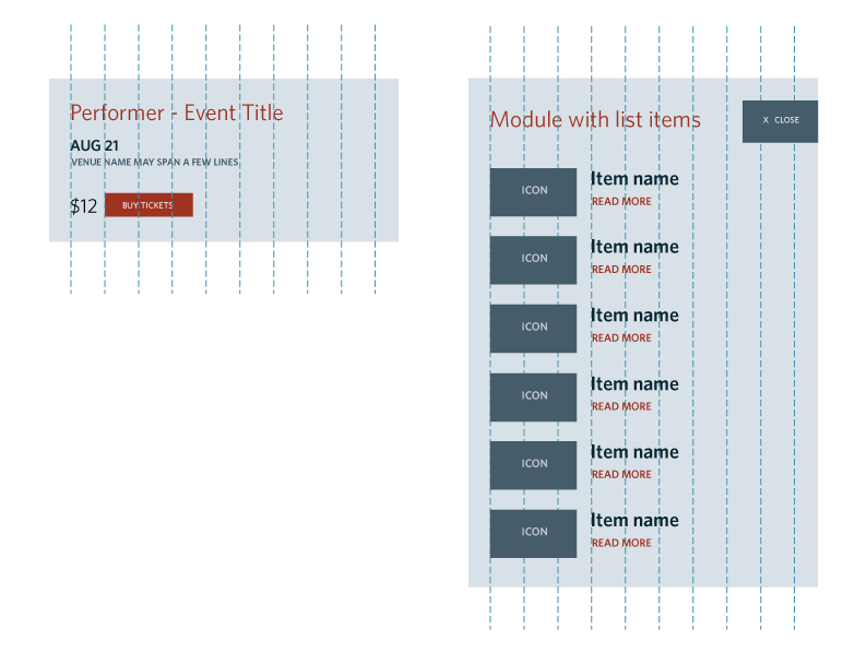 Wireframe showing how the 18-column grid is reduced to a 9-column grid on smaller screens and how this affects the organization and alignment of elements.