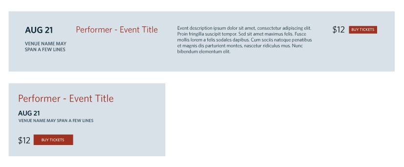 Wireframe showing a layout table at large and small screen sizes and how this information can easily be re-arranged and preserve the information hierarchy.