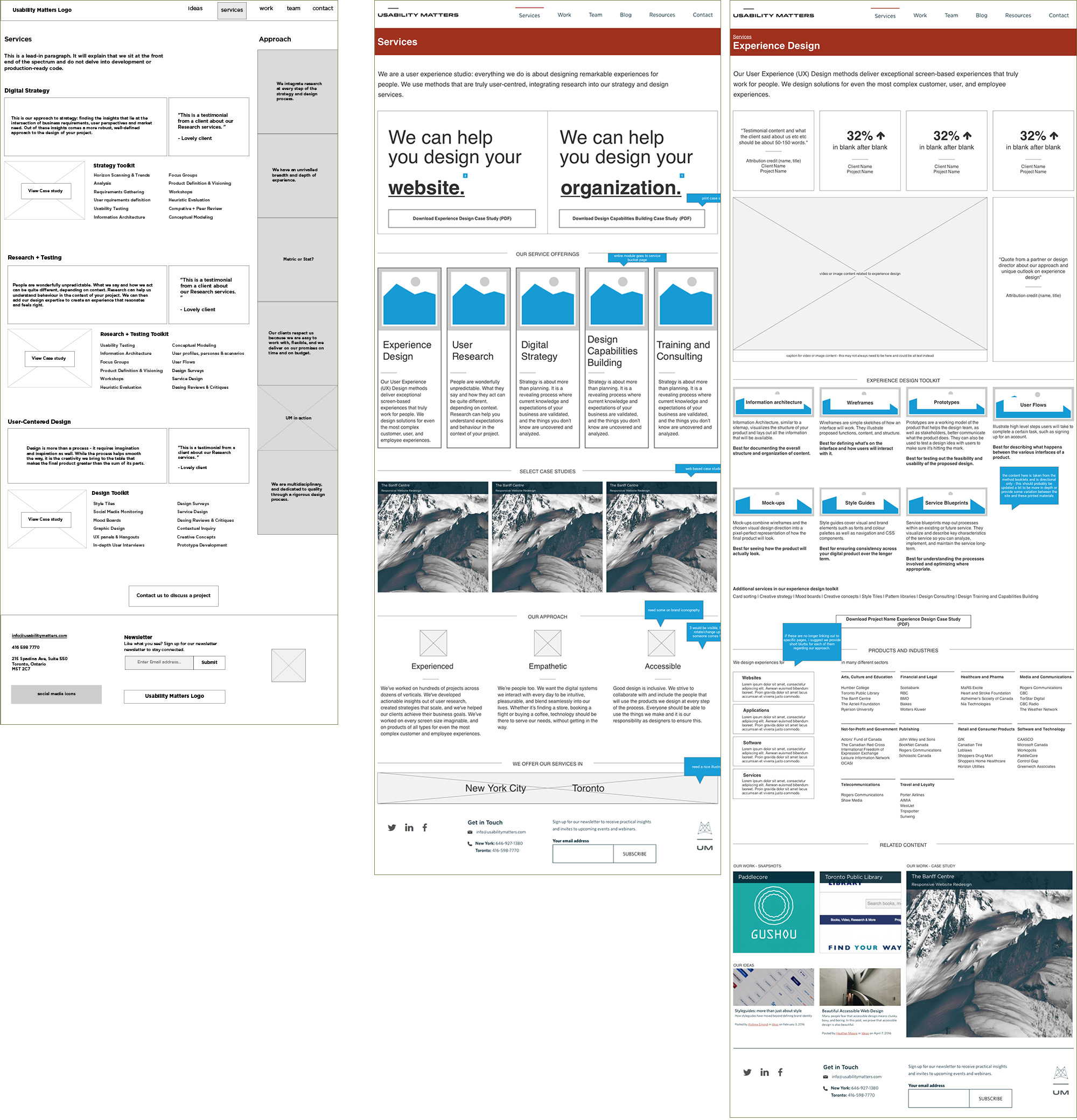 Wireframes of the evolution of the services page.