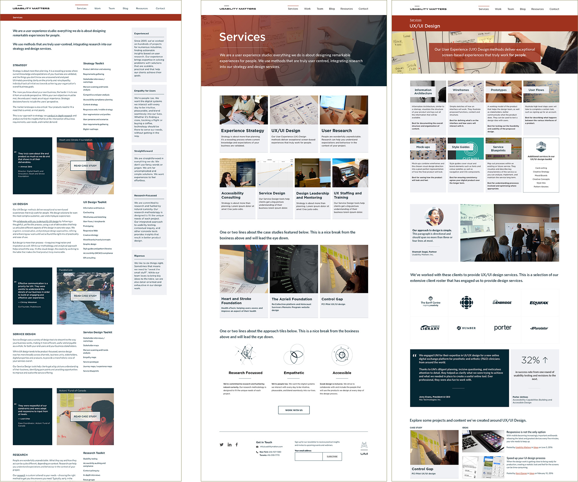 Visual design mockups of the evolution of the services page.