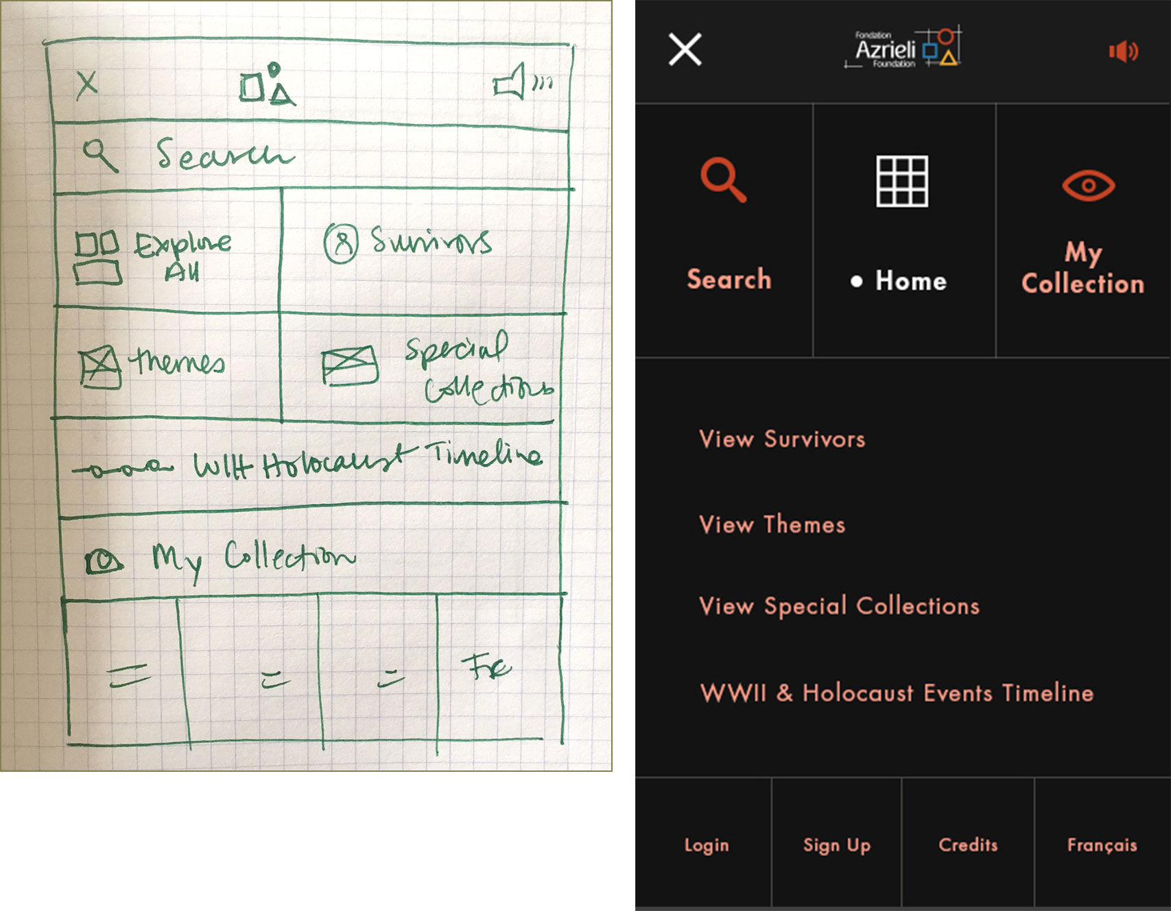 Low fidelity sketch and high fidelity Photoshop mockup of global navigation incorporating usability testing insights.