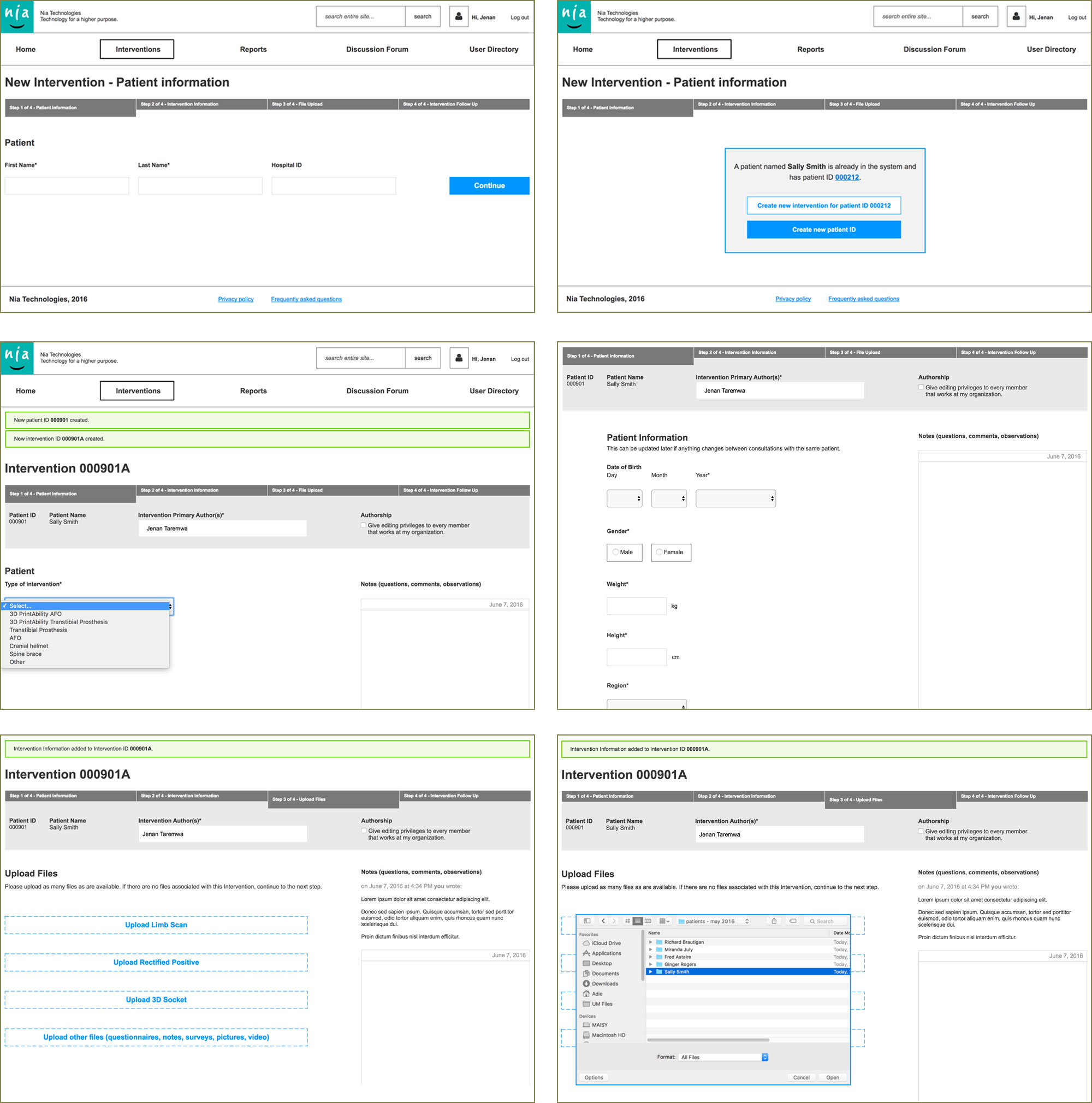 Axure prototype screen showing the point of care clinician's progress through the different data entry screens of a new intervention.