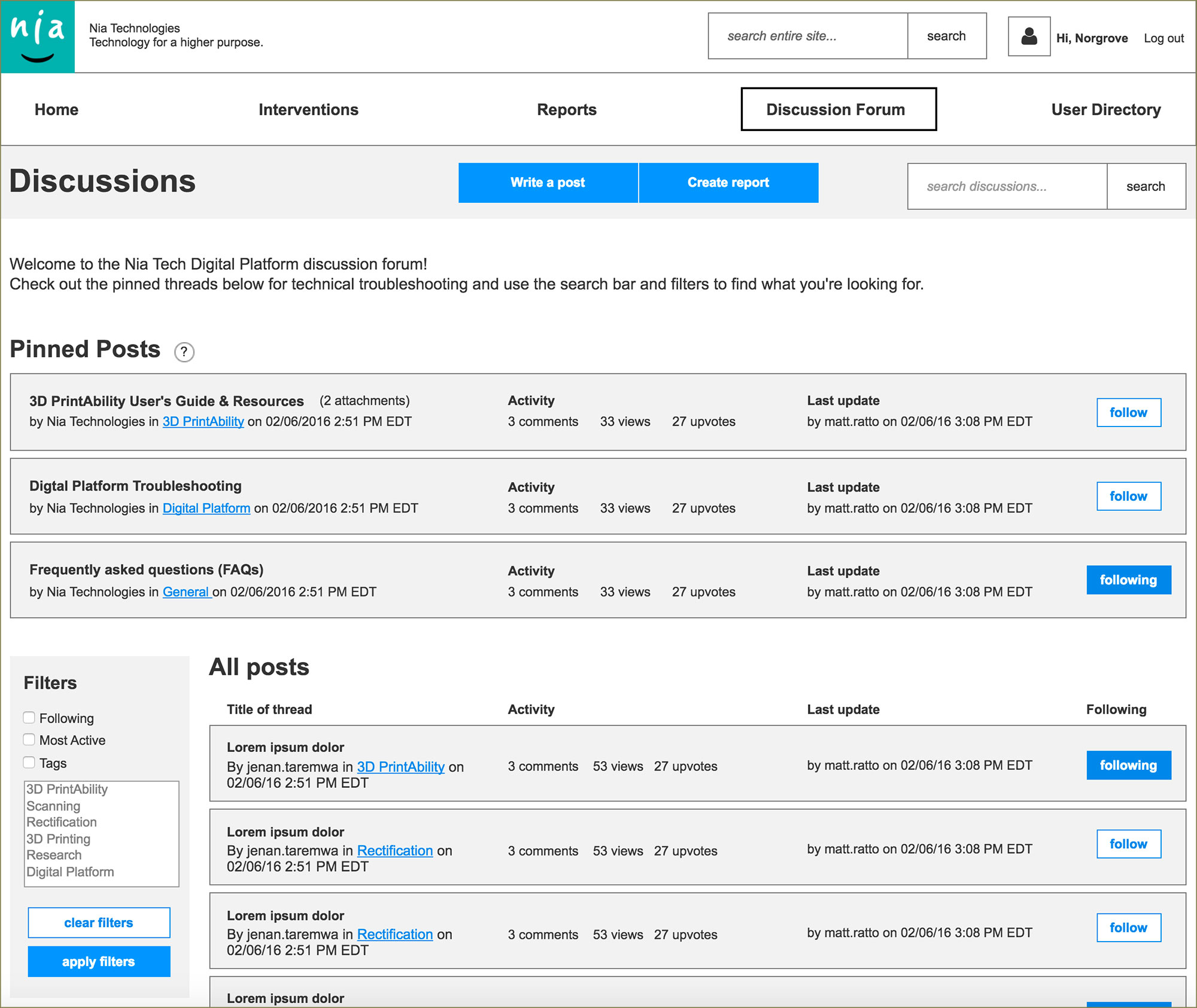 Axure prototype screen of the Discussions section of the platform.