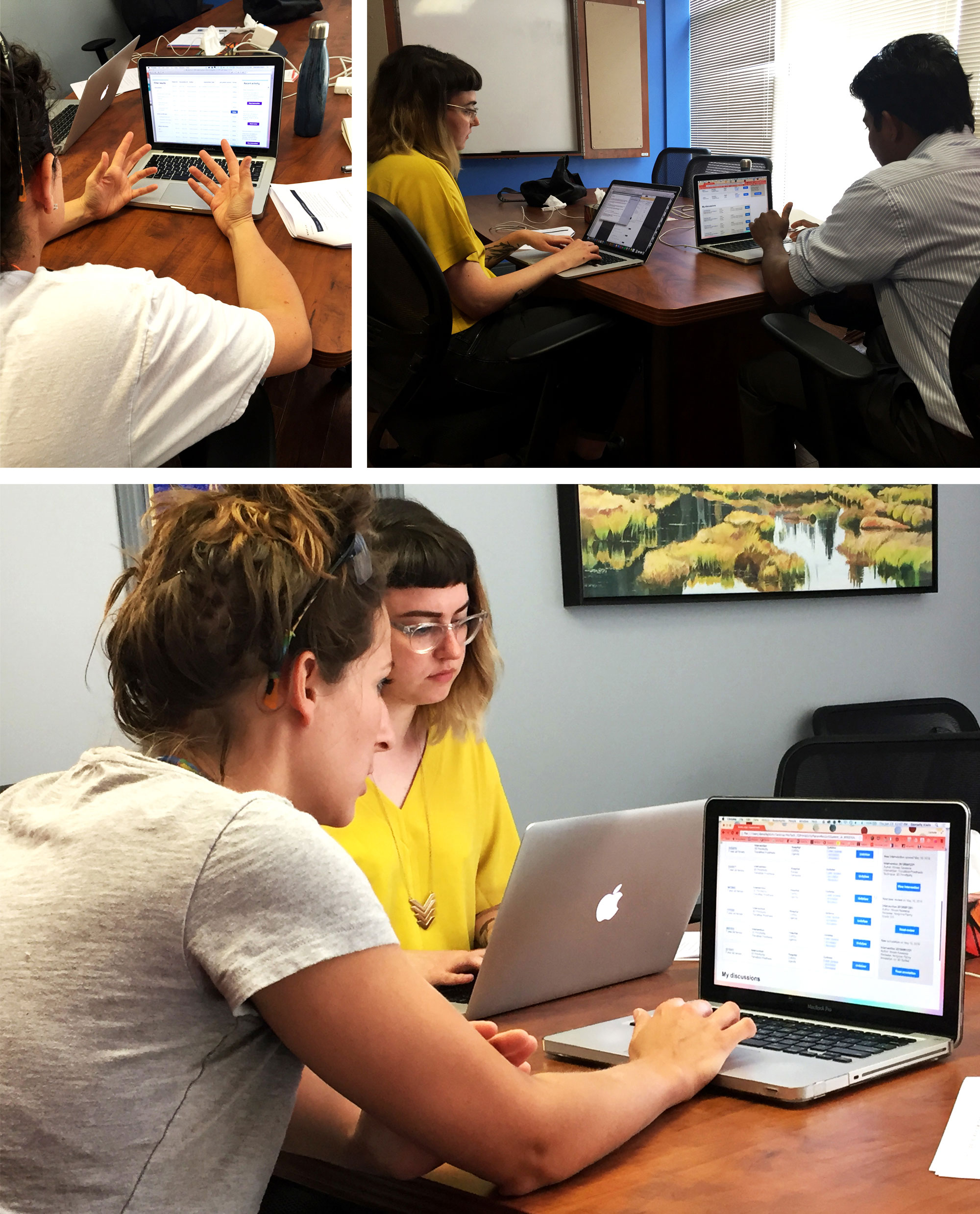 Photographs of our usability testing session at Boundless Bracing. I am taking notes while several participants are exploring the Axure prototype.