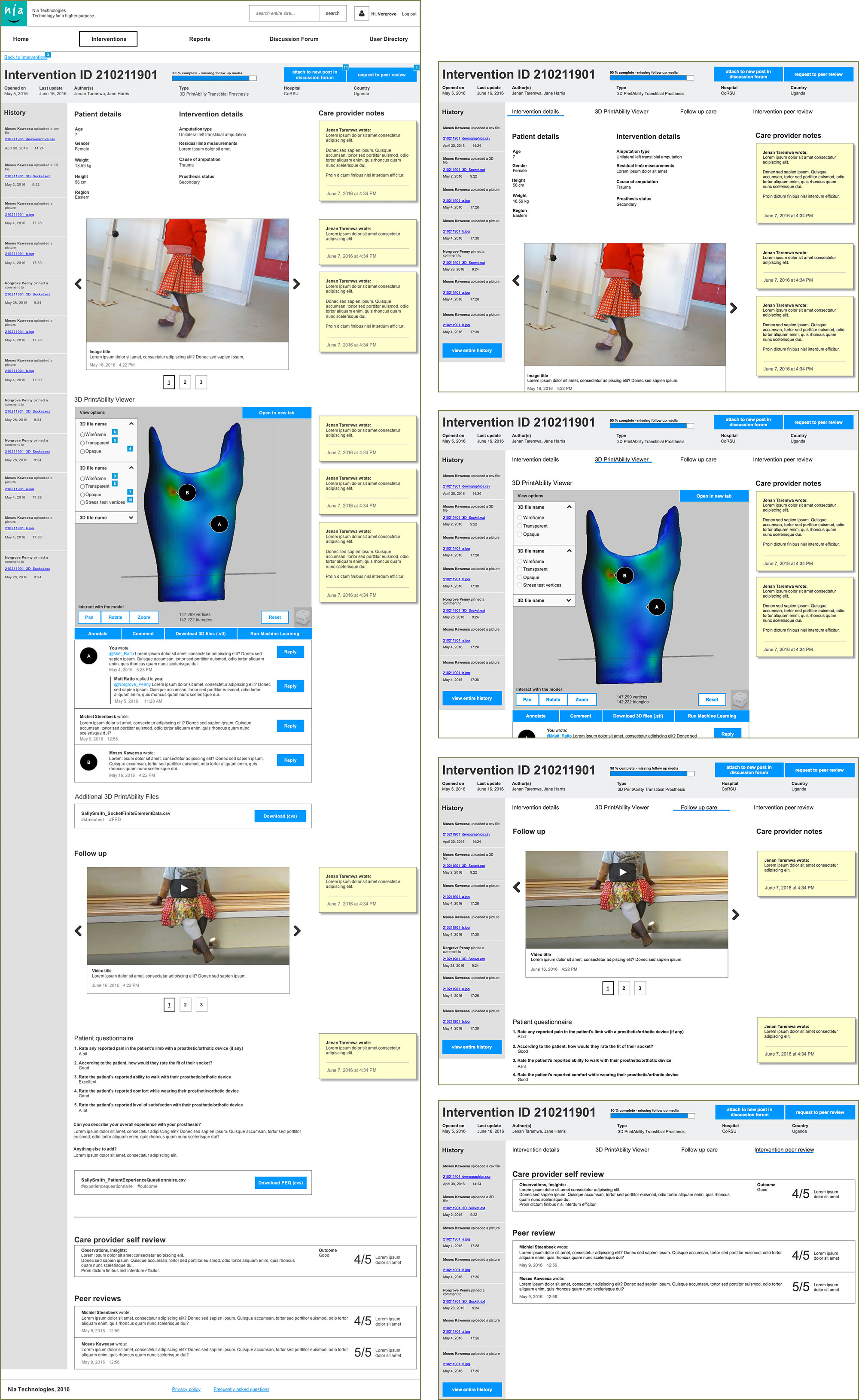 Screens from the axure prototype showing how an intervention was laid out before and after incorporating the insights from usability testing.