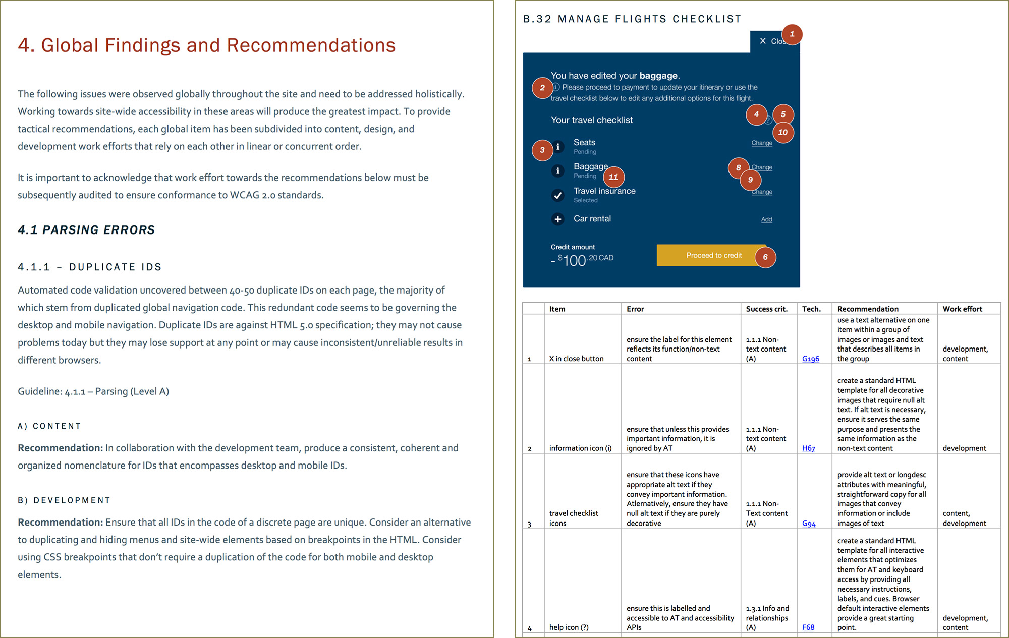 A selection of screens from the final accessibility report, showcasing the writing style, different components of the report, and appendix of screen-level findings.