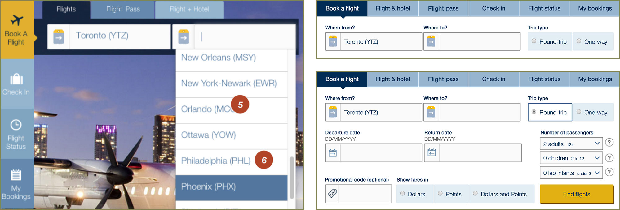 Screenshots of the airline's original booking widget and the accessibility revisions.