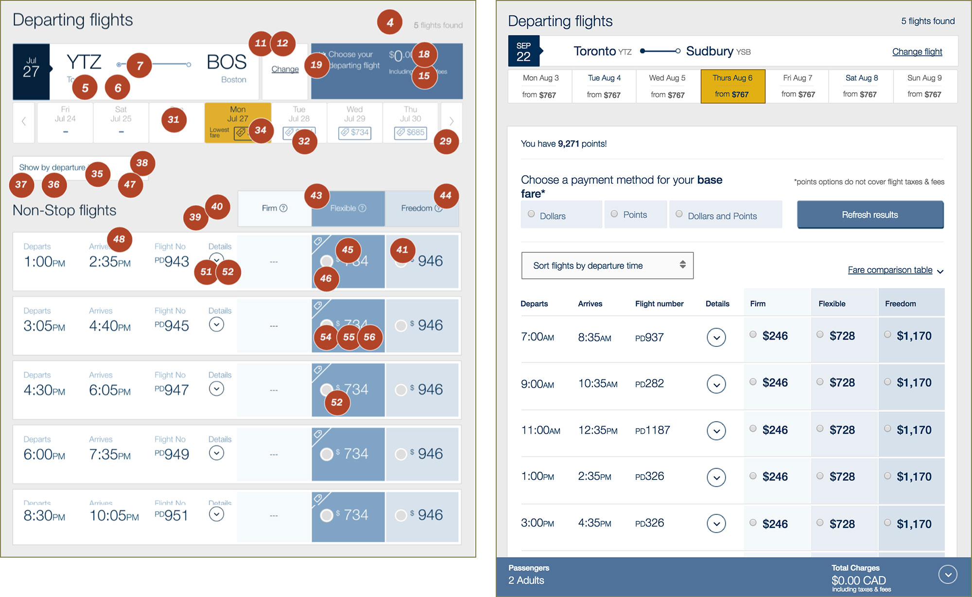 Screenshots of the airline's original flight search results page and the accessibility revisions.