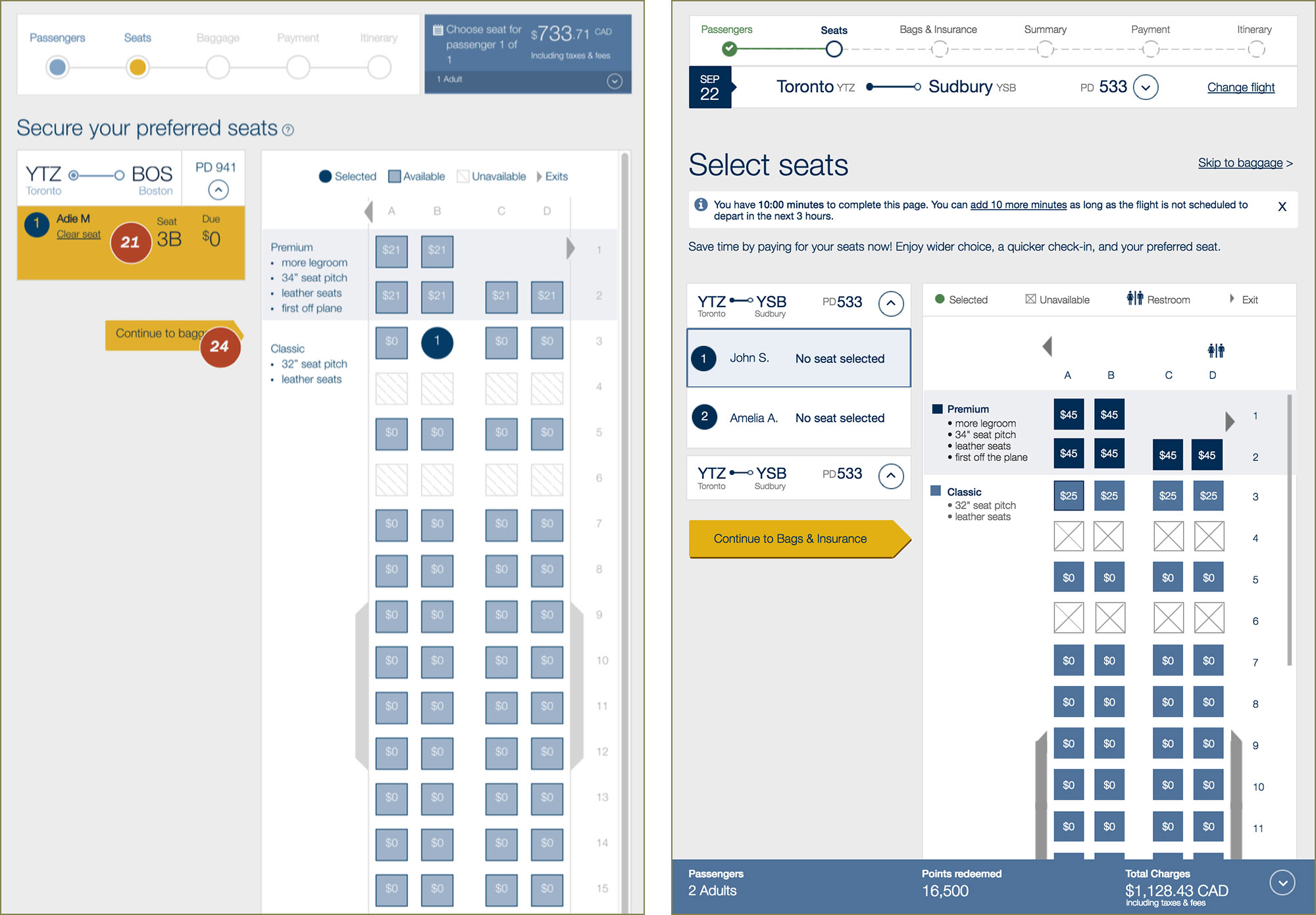 Screenshots of the airline's original seat selection page and the accessibility revisions.