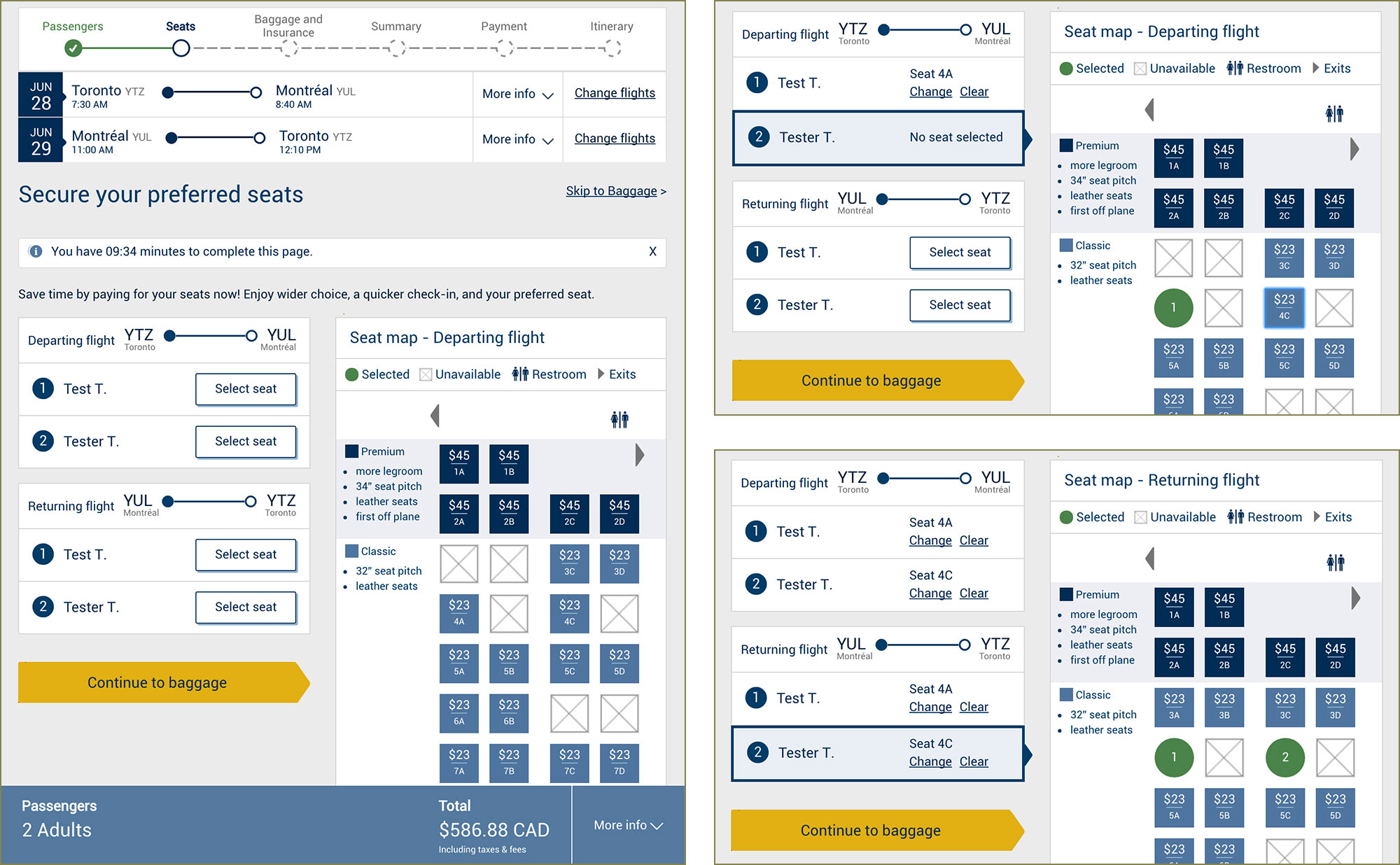 Screenshots of the revisions to the more accessible seat selection page based on findings from accessibility testing.