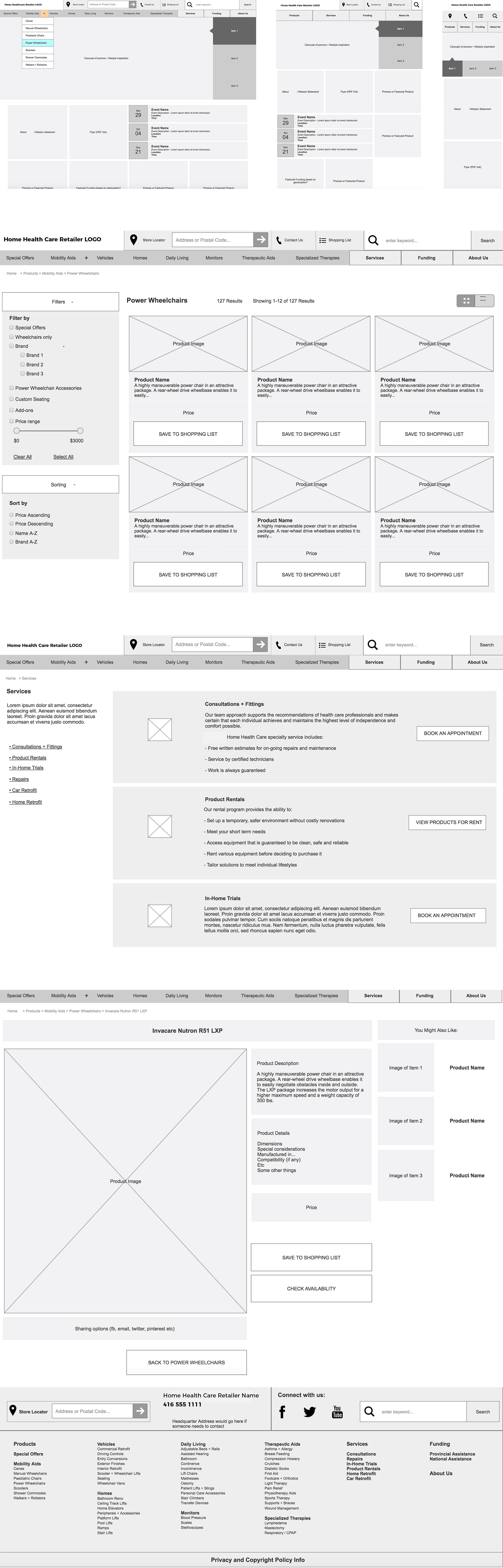 Axure prototype showing the layout and information hierarchy of several screens.