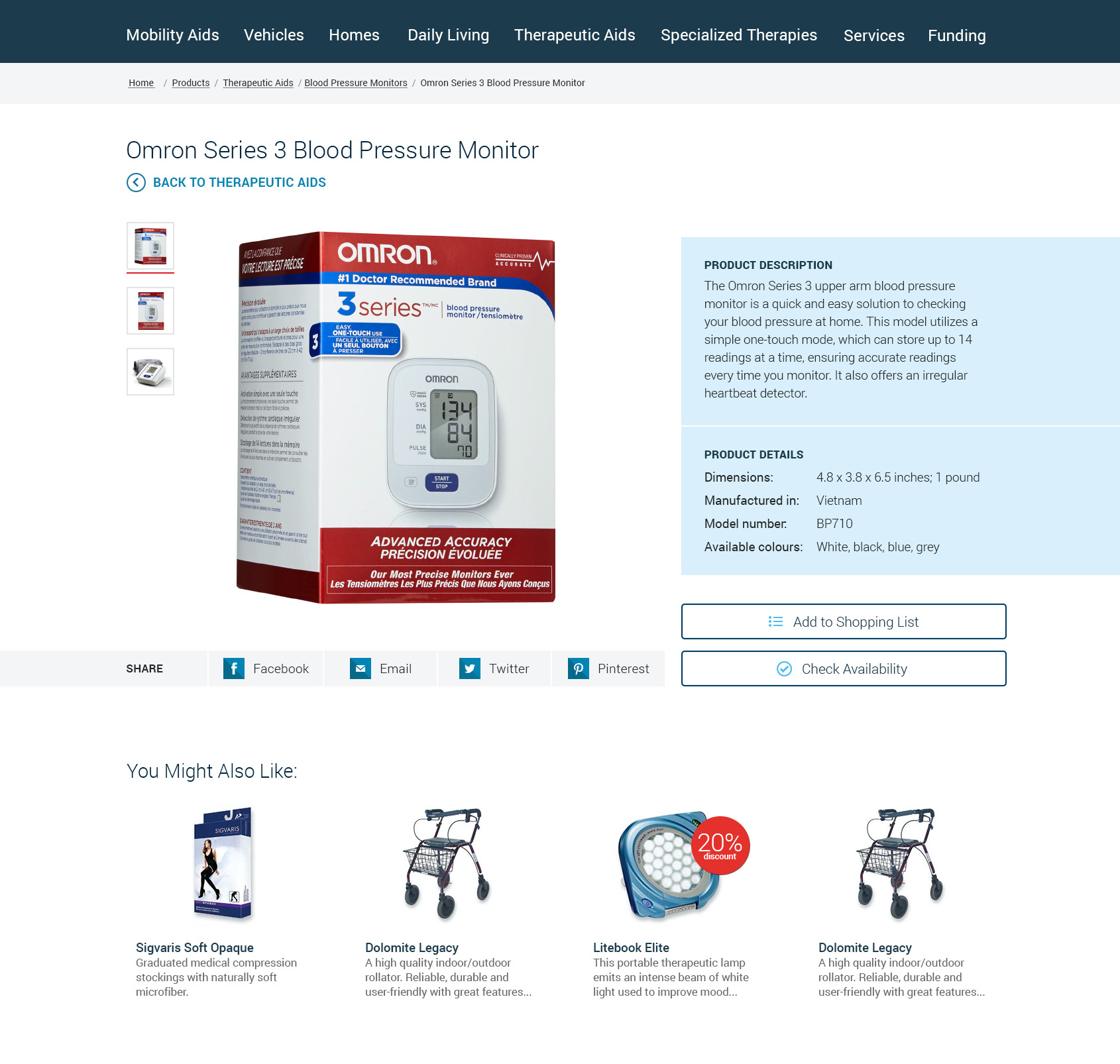 Photoshop mockup showing a product page for a blood pressure monitor.